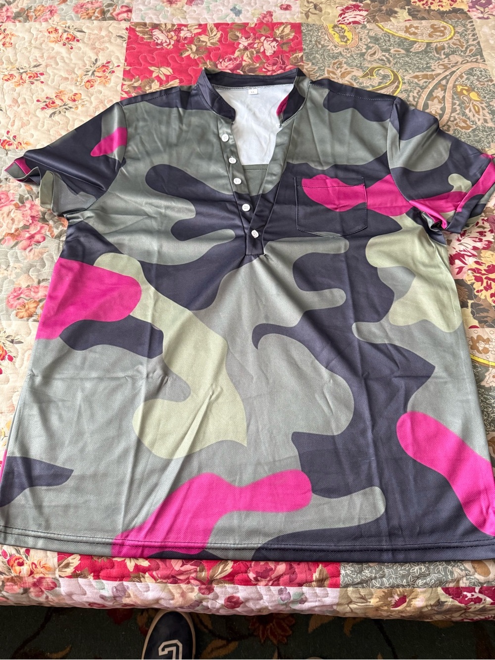 Camouflage Print Button-Up Shirt in Olive and Black and Pink